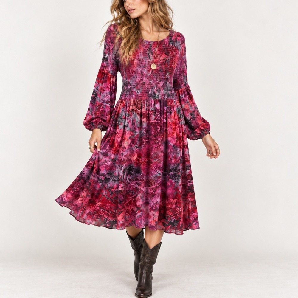 Soft Surroundings Midi Dress Womens PM Pink Purple Velvet Smocked Whimsygoth